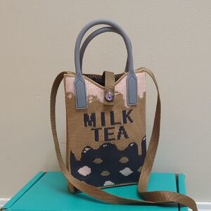 Kitschy Boba Tea Milk  Mini Bag with Gray and Tan Straps